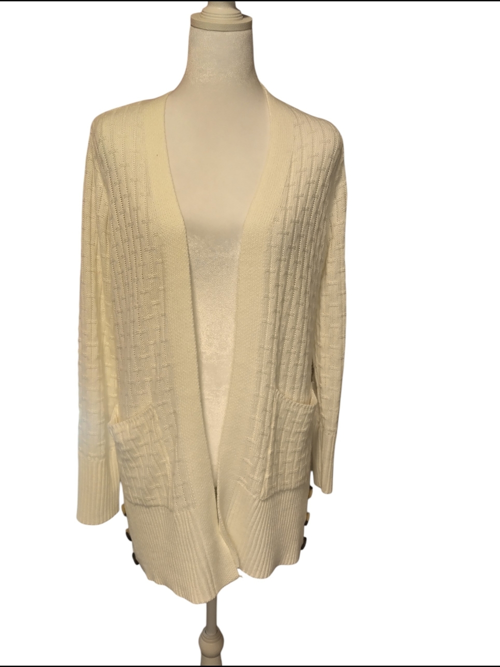 Open-Front Cream Knit Cardigan with Patch Pockets